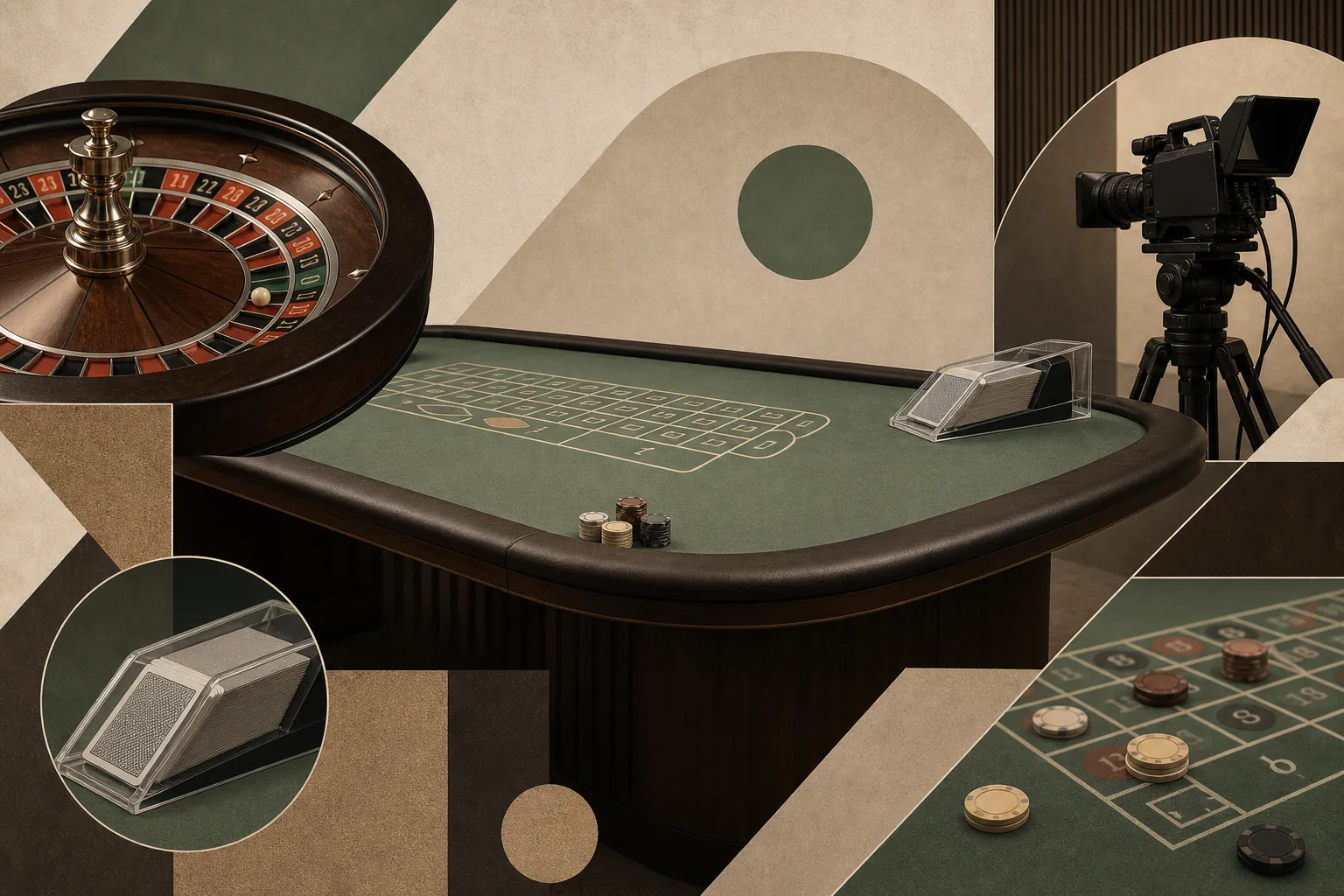 Live casino table, roulette wheel, card shoe and studio camera