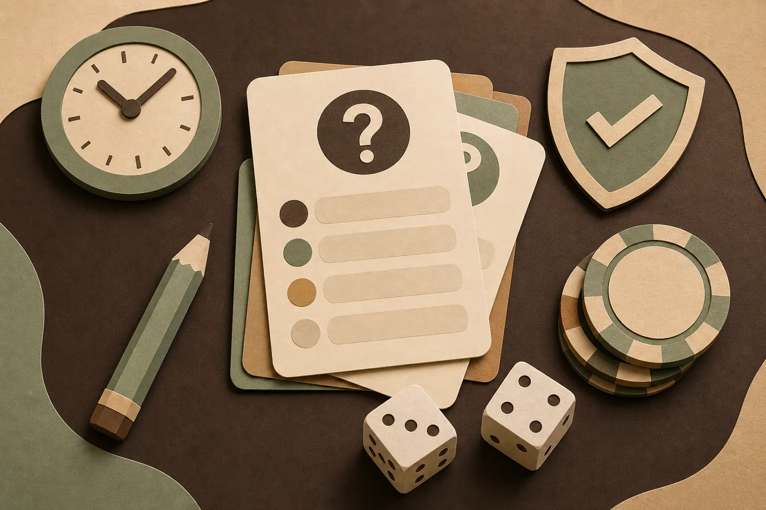 Question cards, pencil, shield, clock and dice